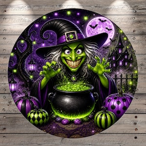 May include: A circular Halloween-themed illustration featuring a green-skinned witch with a black hat and purple accents. She is stirring a bubbling cauldron of green liquid. The background includes a purple moon, bats, pumpkins, and a haunted house.