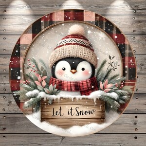 Let It Snow, Penguin, Plaid Border, Round, Light Weight, Metal, Wreath Sign, No Holes In Sign