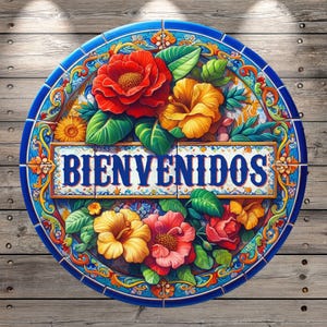 May include: A round, blue and white ceramic tile with a floral design and the word "BIENVENIDOS" in the center. The tile features red, yellow, and pink flowers with green leaves.