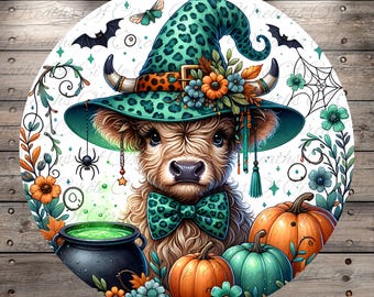Highland Cow Witch Aluminum Metal Wreath Sign (Lightweight, No Holes)