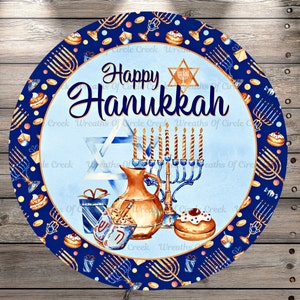 Happy Hanukkah Sign, Round, Light Weight, Metal Wreath Sign, No Holes In Sign