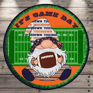 Football, It&#39;s Game Day, Navy, Orange, Football Gnome, Football Field, Touchdown, Wreath sign, Round UV Coated, Metal Sign, No Holes