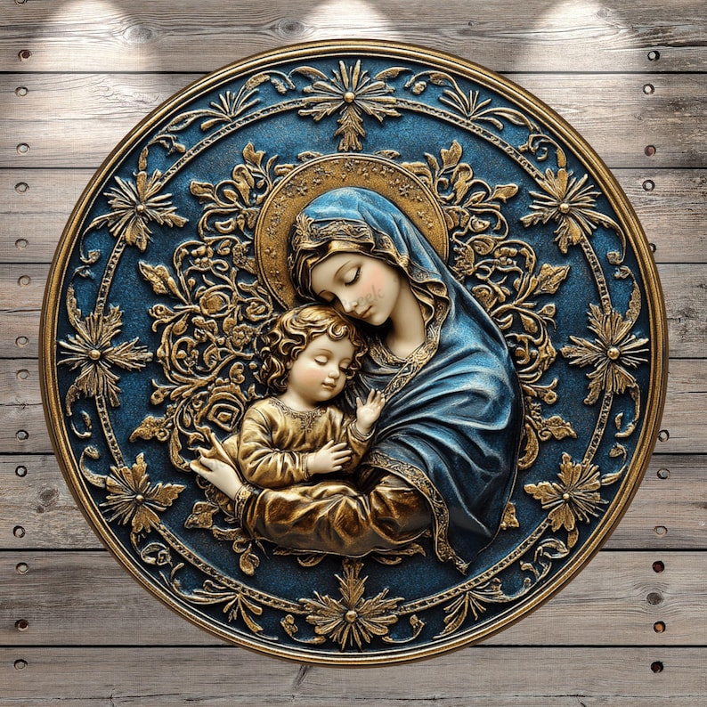 Mother Mary, Holding Baby Jesus, Christmas, Gold and Blue, Faux 3D, Light Weight, Metal, Wreath Sign, No Holes In Sign
