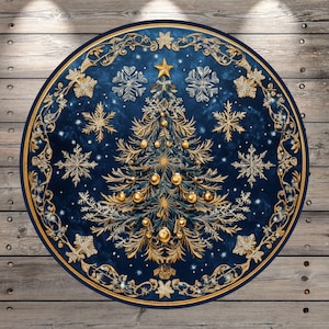 Holiday Tree | Navy & Gold Christmas | Lightweight Round Metal Wreath Sign | No Holes in Sign | Winter Snowflakes Decor
