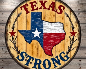 Texas Strong | Lightweight Round Metal Wreath Sign | No Holes in Sign | Rustic Lone Star State Decor