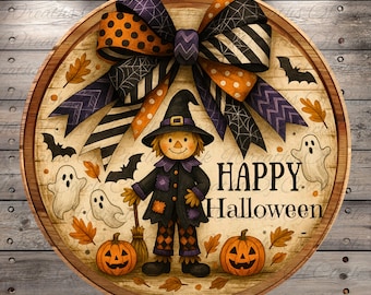 Happy Halloween | Lightweight Round Metal Wreath Sign | No Holes in Sign | Vintage Scarecrow Art for Halloween
