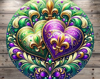 Mardi Gras, Hearts, Purple, Gold, Green, Round, Light Weight, Metal Wreath Sign, No Holes In Sign