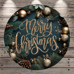 Merry Christmas Gold Sign | Lightweight Round Metal Wreath Sign | No Holes in Sign | Elegant Holiday Pine Decor