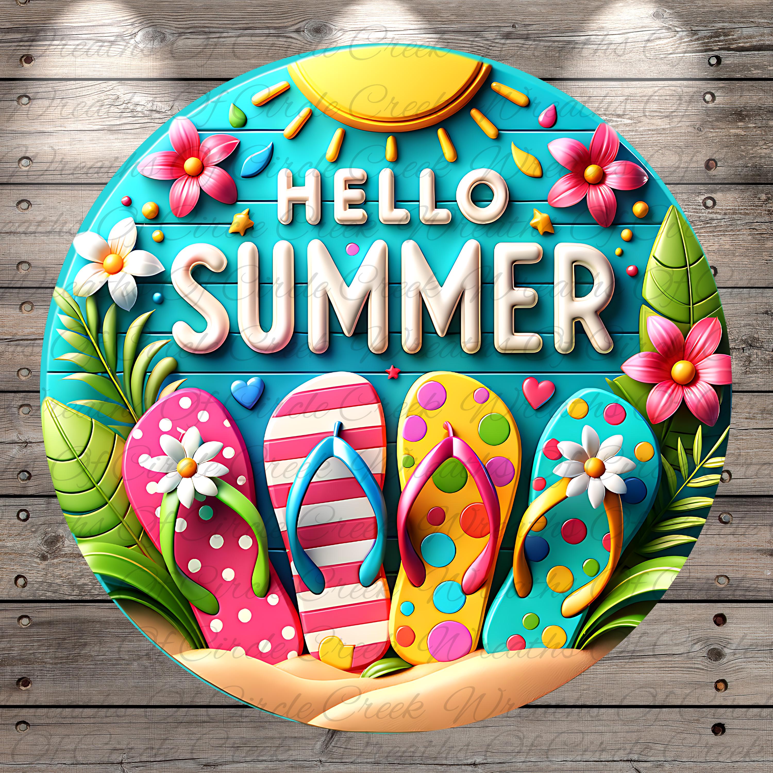 Hello Summer Flip Flops Aluminum Metal Wreath Sign (lightweight, No ...