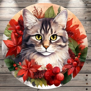 Cat, Red Poinsettias, Winter, Christmas, Lightweight, Round, Metal, Wreath Sign, No Holes In Sign