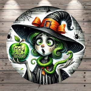Witch With Green Apple, Trick Or Treat, Round, Light Weight, Metal, Wreath Sign, No Holes In Sign