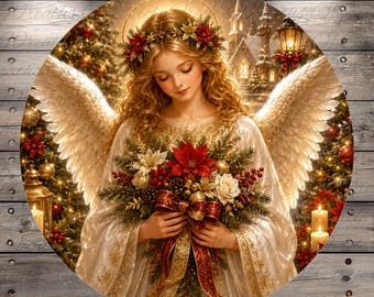 Golden Christmas Angel Round Aluminum Metal Wreath Sign, Red Gold Poinsettia Religious Decor (Lightweight, No Holes)