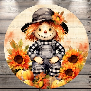 Scarecrow, Black and White Plaid, Sunflowers, Round, Light Weight, Metal Wreath Sign, No Holes In Sign