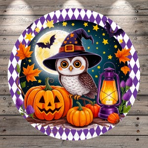 Witch Owl Halloween Scene | Lightweight Round Metal Wreath Sign | No Holes in Sign | Cute Spooky Fall Decor