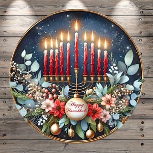 Happy Hanukkah, Menorah, Red Candles, Florals, Round, Light Weight, Metal Wreath Sign, No Holes In Sign