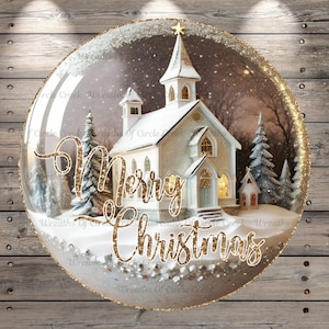 May include: A snow globe with a white church, snow-covered trees, and the words "Merry Christmas" in gold glitter. The globe is on a wooden background.