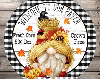 Wreath Sign, Gnome, Scarecrow, Fall, Welcome To Our Patch, Plaid, Round UV Coated, Metal, No Holes