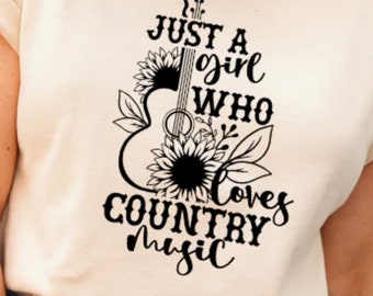 Camiseta gráfica "Solo una chica que ama la música country" - Girasol, camiseta de guitarra. TÚ ELIGES el color y la talla de la camiseta. Para hombre, mujer y unisex.