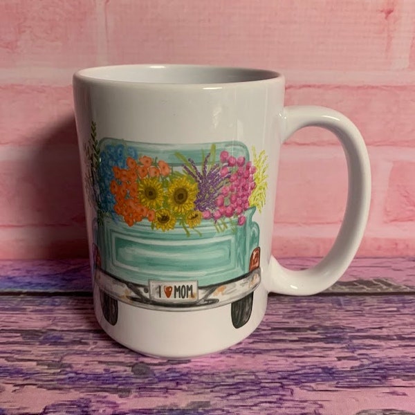 vintage truck with florals mug | teal truck | flower garden - nice quality 15oz with pretty truck and flowers "I love mom" on license plate