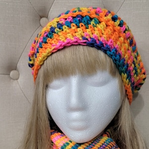 Slouchy Mesh Beanie and Tunisian Crochet Scarf Set - Vibrant Rainbow