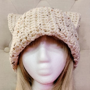 Simple Square Unisex Foldover Cat Ear Crocheted Beanie - Aran Tweed