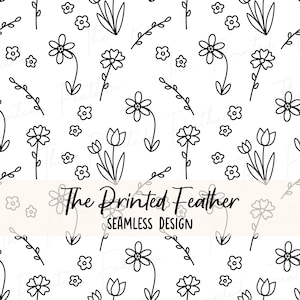 Schwarzweiss-nahtloses Blumenmuster, Blumen-Gekritzel-Wiederholungsmuster, Blumen-nahtlose Mustersublimation, schwarze und weiße nahtlose Datei
