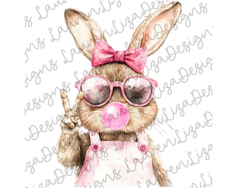 Easter Bunny Blowing Bubble PNG Design, Rabbit with Pink Coquette Bow and Sunglasses, Holiday, Clip Art, T Shirt Sublimation File