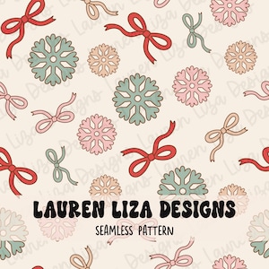 May include: A seamless pattern featuring red, beige, and pink bows with ribbons, and teal, pink, and beige snowflakes on a cream background. The text "LAUREN LIZA DESIGNS" and "SEAMLESS PATTERN" is included in the design.