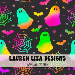 May include: A seamless pattern on a dark gray background featuring gradient-colored ghosts, spider webs, bats, and four-pointed stars in neon shades of pink, orange, yellow, green, and blue. The text LAUREN LIZA DESIGNS SEAMLESS PATTERN is centered.