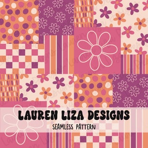 May include: A seamless pattern featuring a patchwork design with various geometric and floral patterns in shades of pink, orange, and white. The patterns include polka dots, stripes, checkered, and floral designs. The text "LAUREN LIZA DESIGNS" and "SEAMLESS PATTERN" is displayed at the bottom of the image.