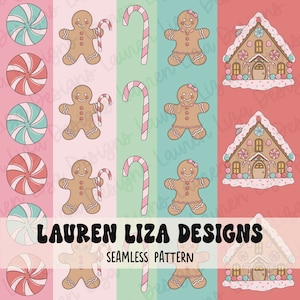 May include: A seamless pattern featuring gingerbread people, candy canes, peppermint candies, and gingerbread houses. The pattern is in shades of pink, green, and red.
