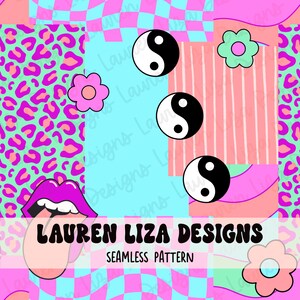 May include: A seamless pattern featuring a variety of colourful and playful designs, including pink and green leopard print, pink and white chequered pattern, pink and white stripes, and yin yang symbols. The pattern also includes a pink flower, a green flower, and a pink tongue sticking out of a mouth.