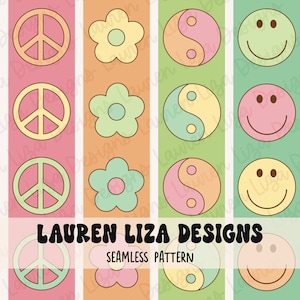 May include: A seamless pattern featuring four different retro designs: a peace sign, a flower, a yin yang symbol, and a smiley face. The pattern is in shades of pink, yellow, green, and brown.