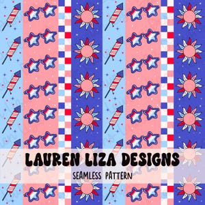 Puede incluir: Un patrón sin costuras con estrellas, soles y gafas de sol rojo, blanco y azul. El patrón se repite sobre un fondo rosa, azul y blanco. El texto "LAUREN LIZA DESIGNS" y "SEAMLESS PATTERN" está incluido en la imagen.