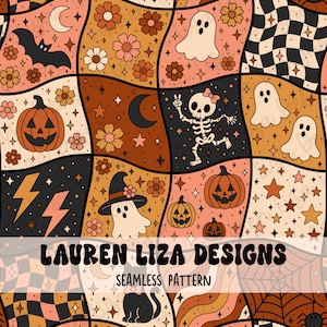 May include: A seamless pattern featuring a grid of wavy squares with illustrations of ghosts, pumpkins, skeletons, bats, flowers, stars, moons, lightning bolts, and checkerboard prints in orange, black, and cream. Text reads LAUREN LIZA DESIGNS SEAMLESS PATTERN.
