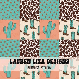May include: A seamless pattern featuring a patchwork design with various elements, including brown and white cow print, turquoise blue stars, cactus plants, and brown cowboy boots with turquoise blue accents. The text "LAUREN LIZA DESIGNS" and "SEAMLESS PATTERN" is included in the design.