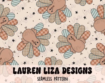 Patchwork Turkey, Thanksgiving, Fall Themed Seamless Pattern for Fabric Sublimation / Repeating Pattern / Surface Pattern / Digital Paper