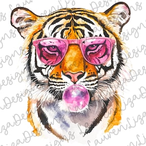 Tiger Blowing Bubble PNG Design, Watercolor Animal with Pink Sunglasses, Clip Art, T Shirt Sublimation File