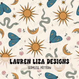 May include: A seamless pattern featuring a repeating design of moons, suns, butterflies, snakes, and flowers. The pattern is in a vintage style with a light beige background and features colors like blue, yellow, orange, and green.