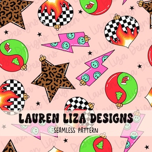 May include: A seamless pattern featuring Christmas ornaments, stars, and lightning bolts on a light pink background. The ornaments have a yin-yang design, checkered patterns, and flames. The stars and ornaments have a leopard print design. The lightning bolts have smiley faces.
