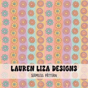 May include: A seamless pattern featuring a repeating design of flowers, peace signs, and smiley faces. The pattern is in a retro 70s style with a color palette of peach, light blue, yellow, and pink.
