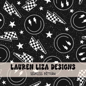 Puede incluir: Patrón sin costuras en blanco y negro con una cara sonriente con rayos, rayos a cuadros y estrellas sobre un fondo negro. El texto "LAUREN LIZA DESIGNS" y "SEAMLESS PATTERN" está incluido en la imagen.