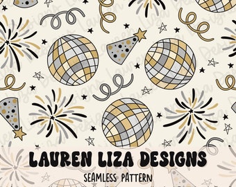 May include: A seamless pattern featuring gold and silver disco balls, party hats, fireworks, and confetti on a light beige background. The text "LAUREN LIZA DESIGNS" and "SEAMLESS PATTERN" is included in the design.