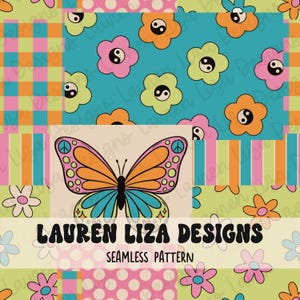 May include: A seamless pattern featuring a patchwork design with various patterns including a butterfly, flowers, polka dots, stripes, and checkered patterns. The colors are bright and vibrant, including pink, blue, green, orange, and yellow. The text "LAUREN LIZA DESIGNS" and "SEAMLESS PATTERN" is included in the design.