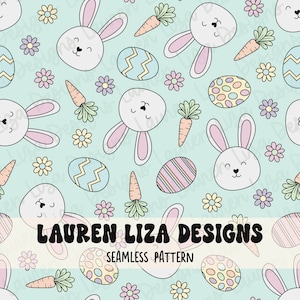 Könnte beinhalten: Ein nahtloses Muster mit pastellfarbenen Ostereiern, Hasen, Karotten und Blumen auf hellblauem Hintergrund. Der Text "LAUREN LIZA DESIGNS" und "SEAMLESS PATTERN" befindet sich am unteren Rand des Bildes.