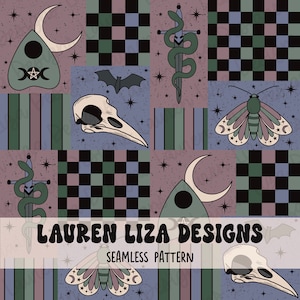 May include: A seamless pattern design featuring occult symbols like a planchette, crescent moons, a snake on a sword, and a moth. The design incorporates a checkerboard pattern, stars, and a bat. The text "LAUREN LIZA DESIGNS SEAMLESS PATTERN" is also included.