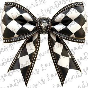 Checkered Coquette Bow PNG Design, Black and White Checkers, Clip Art, T Shirt Sublimation File