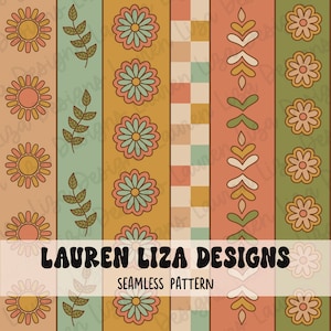 May include: A seamless pattern featuring five vertical stripes with different designs. The stripes include a yellow stripe with orange sun-like flowers, a green stripe with brown leafy branches, a yellow stripe with orange and blue daisy-like flowers, a beige stripe with a checkered pattern in blue and beige, a pink stripe with brown stylized leaf shapes, and a green stripe with orange daisy-like flowers. The pattern is labelled "LAUREN LIZA DESIGNS" and "SEAMLESS PATTERN".