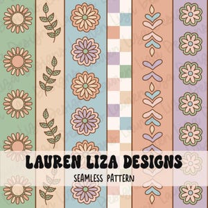 May include: A seamless pattern design featuring five vertical stripes with different floral and geometric patterns. The stripes are in shades of green, peach, blue, purple, and pink. The pattern is labelled "Lauren Liza Designs Seamless Pattern".