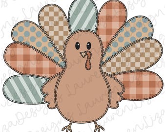 May include: A brown turkey with a patchwork tail of blue, brown, and orange plaid, polka dot, and striped patterns.